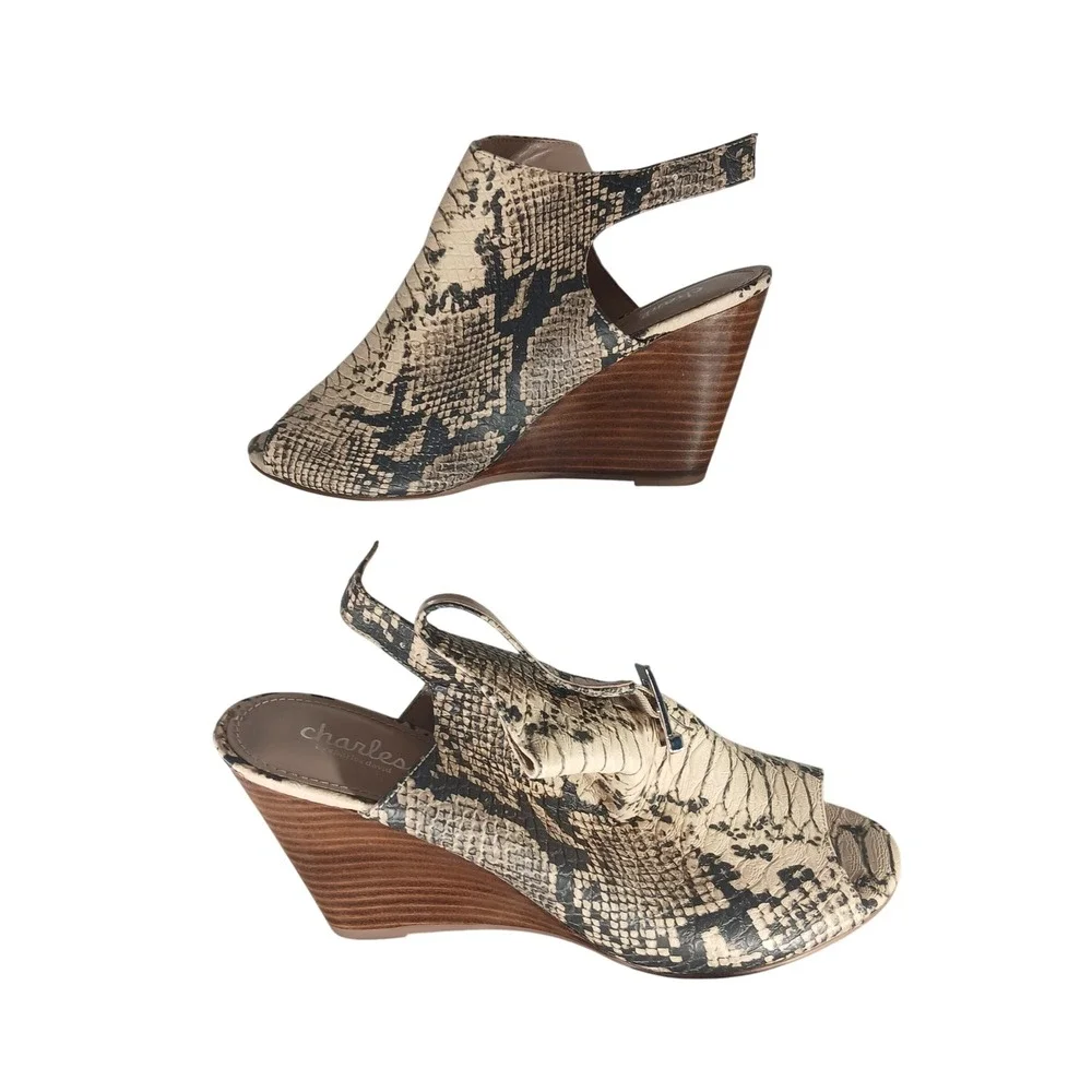 Charles by Charles David Elise Snakeskin Wedge Sandals Beige Black 9.5M Peep Toe